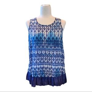 BLL Blue Geometric Print Top w/Bottom Ruffle & Split Hem Detail S‎